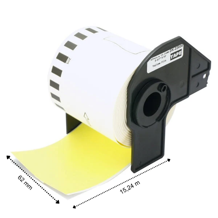 Étiquettes compatibles Brother DK-22606 avec film jaune (pp), 62 mm x 15,24 m, avec support Brother, permanent