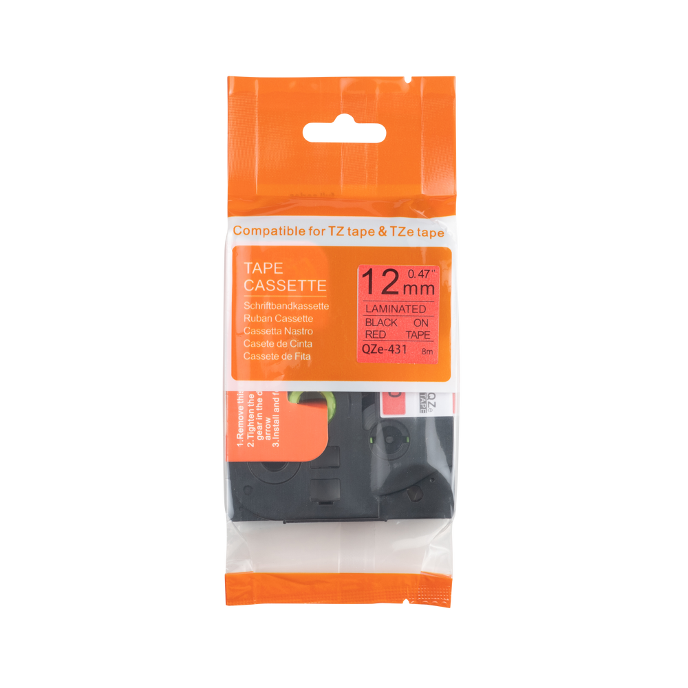 Ruban TZE-431 compatible Brother, noir sur rouge, 12 mm x 8 m 